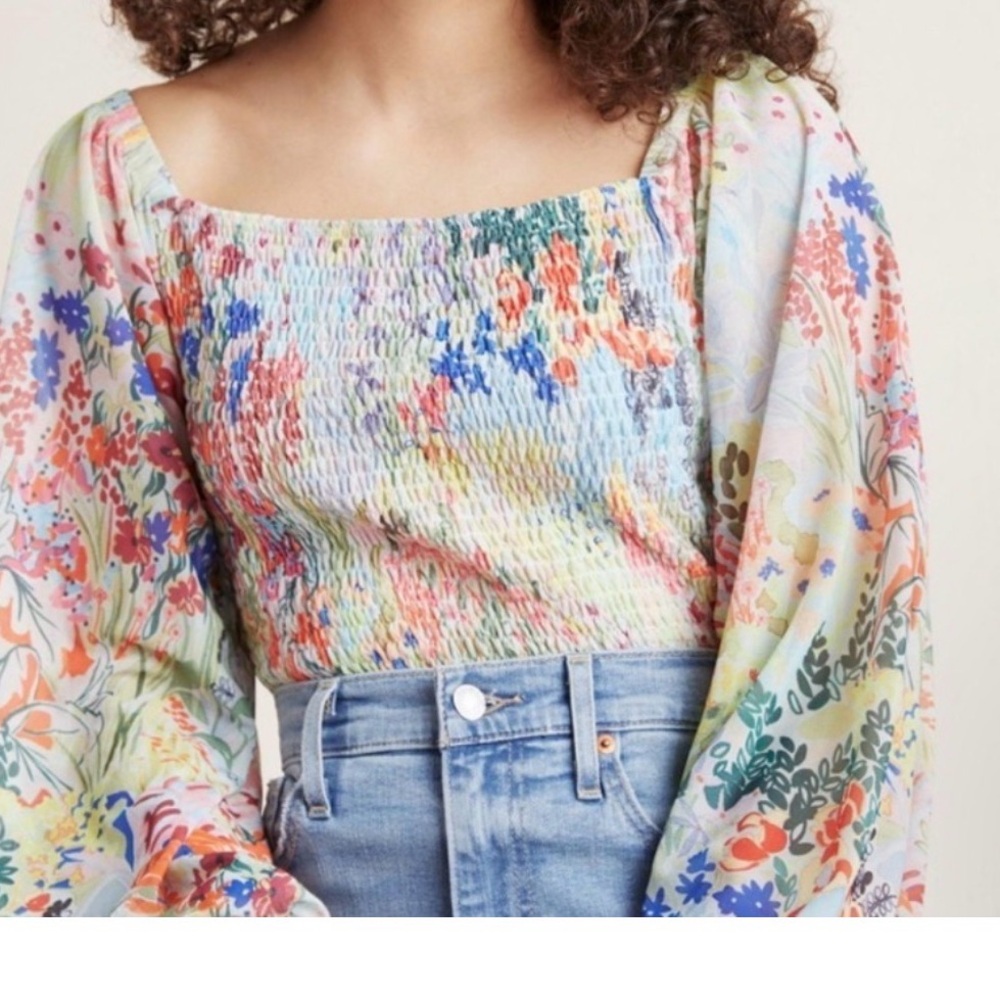 Anthropologie Multicolor Floral Smocked Square-Neck Blouse